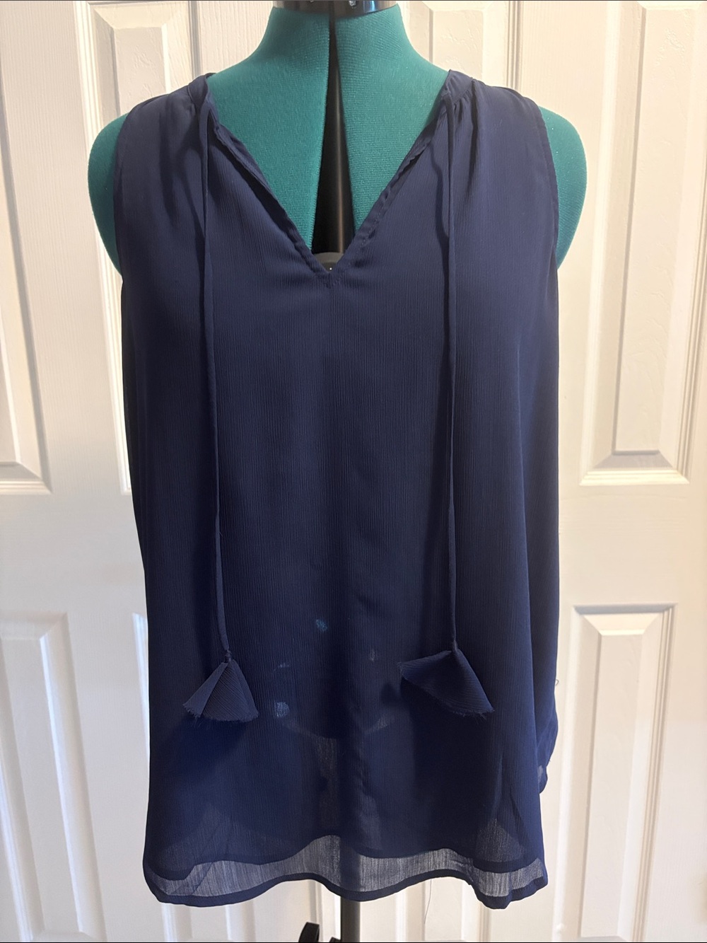 Lovestitch Sleeveless Navy V-Neck Tassel Blouse